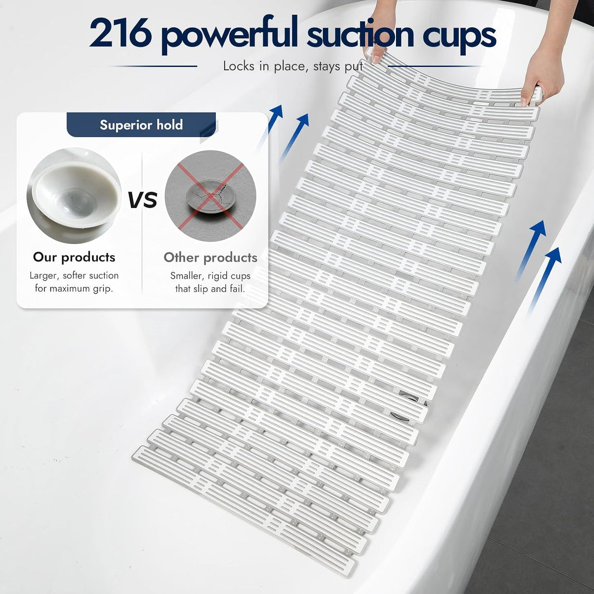 XIYUNTE Shower Mat Non Slip Bath Mat for Tub - 36 x 16 Inch Bathtub Mat Non Slip Shower Mat for Inside Shower, TPE Bath Mat with Powerful Suction Cup, Easy to Cut Bath Tub Mat, Grey