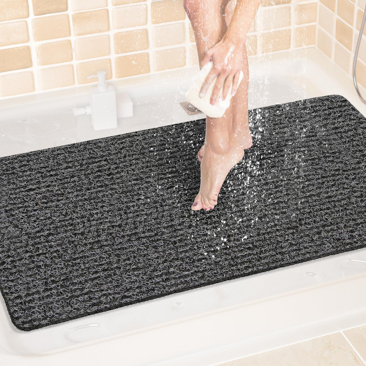 LuxStep Shower Mat Bathtub Mat,24x16 inch, Non-Slip Bath Mat with Drain, Quick Drying PVC Loofah Bathmat for Tub,Shower,Bathroom (Phthalate Free,Grey)