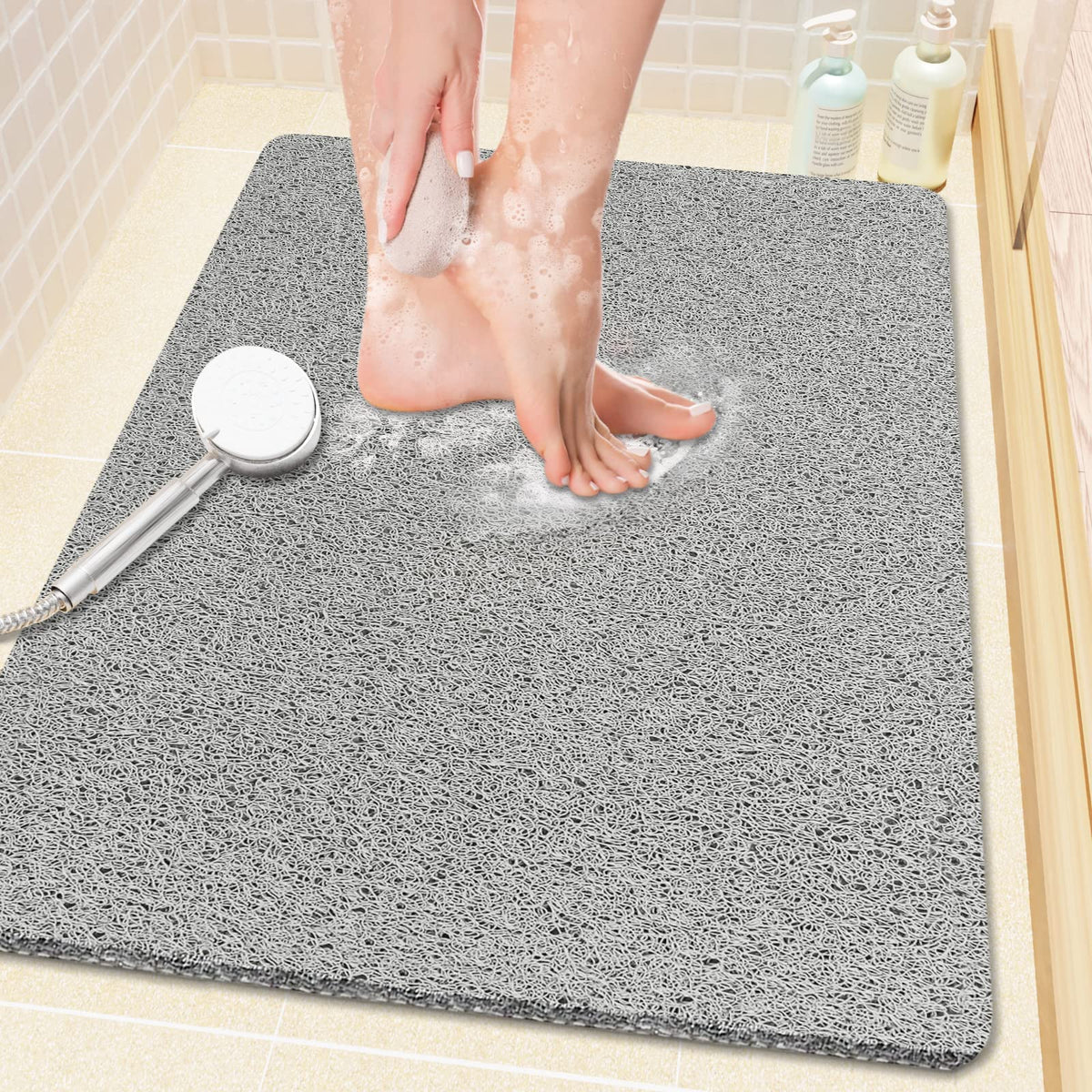 Shower Mat Bathtub Mat Non-Slip,24x16 inch, Soft Tub Mat with Drain,PVC Loofah Bath Mat (Phthalate Free) for Tub and Bathroom,Quick Drying,Black
