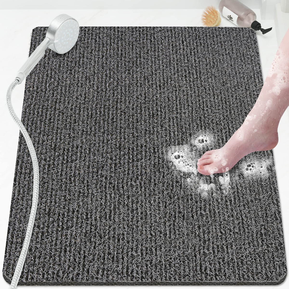 Shower Mat Bathtub Mat Non-Slip,24x16 inch, Soft Tub Mat with Drain,PVC Loofah Bath Mat (Phthalate Free) for Tub and Bathroom,Quick Drying,Black