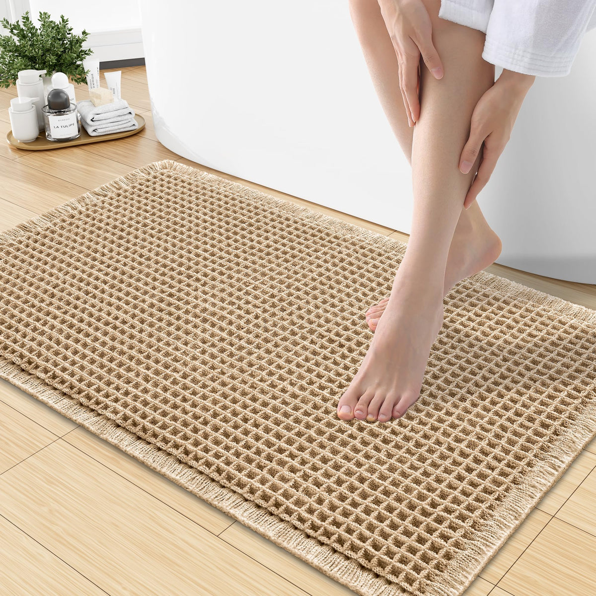 Smiry Waffle Bath Mat 24X16, Soft Absorbent Bathroom Rugs, Brown & Cream
