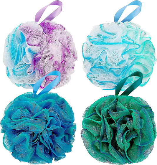 DadyMart Shower Loofah Sponge Pouf – XL Exfoliating Bath Puff Body Scrubber, Soft Mesh Shower Sponge with Reinforced Knot, Rich Lather, Set of 4 for Women and Men