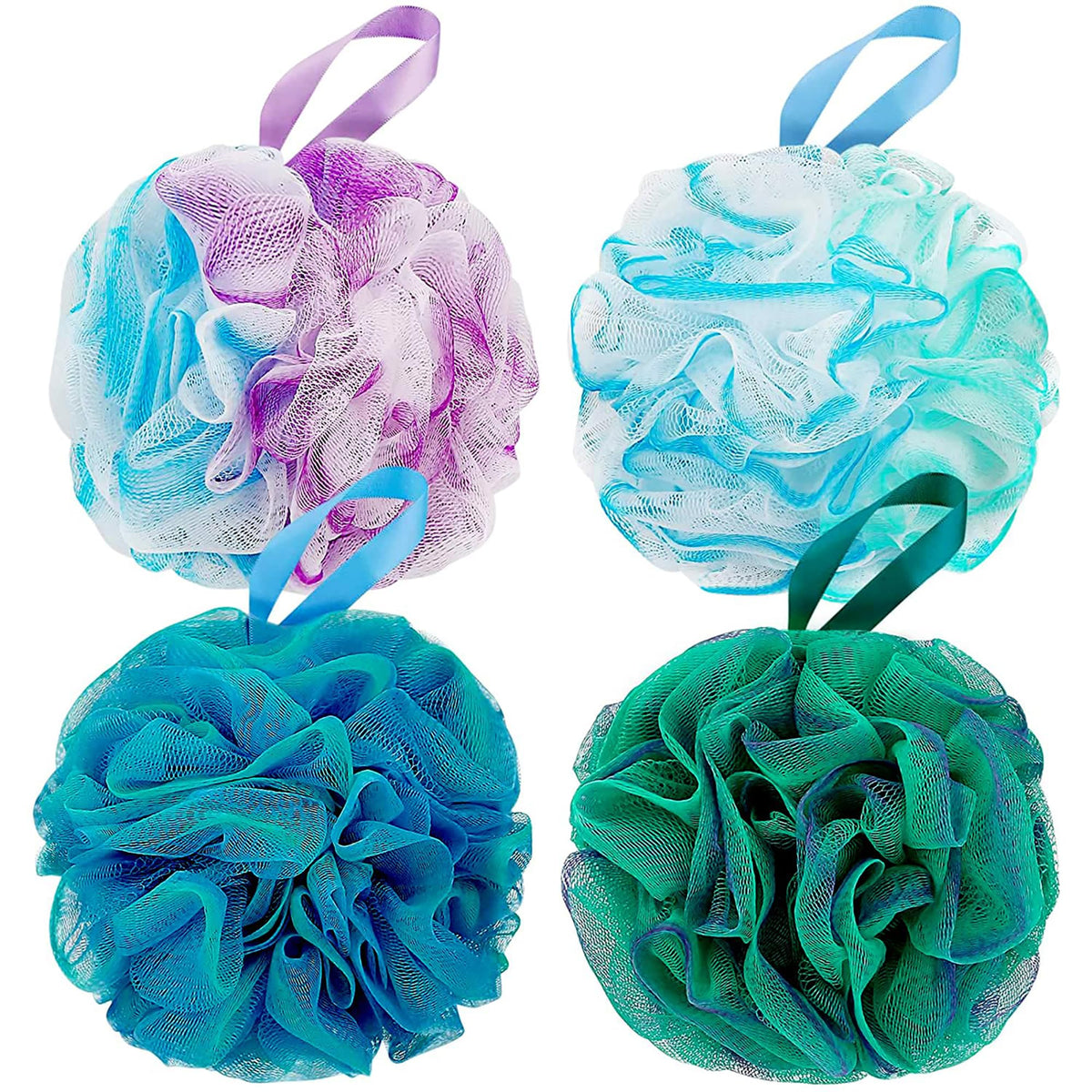 DadyMart Shower Loofah Sponge Pouf – XL Exfoliating Bath Puff Body Scrubber, Soft Mesh Shower Sponge with Reinforced Knot, Rich Lather, Set of 4 for Women and Men