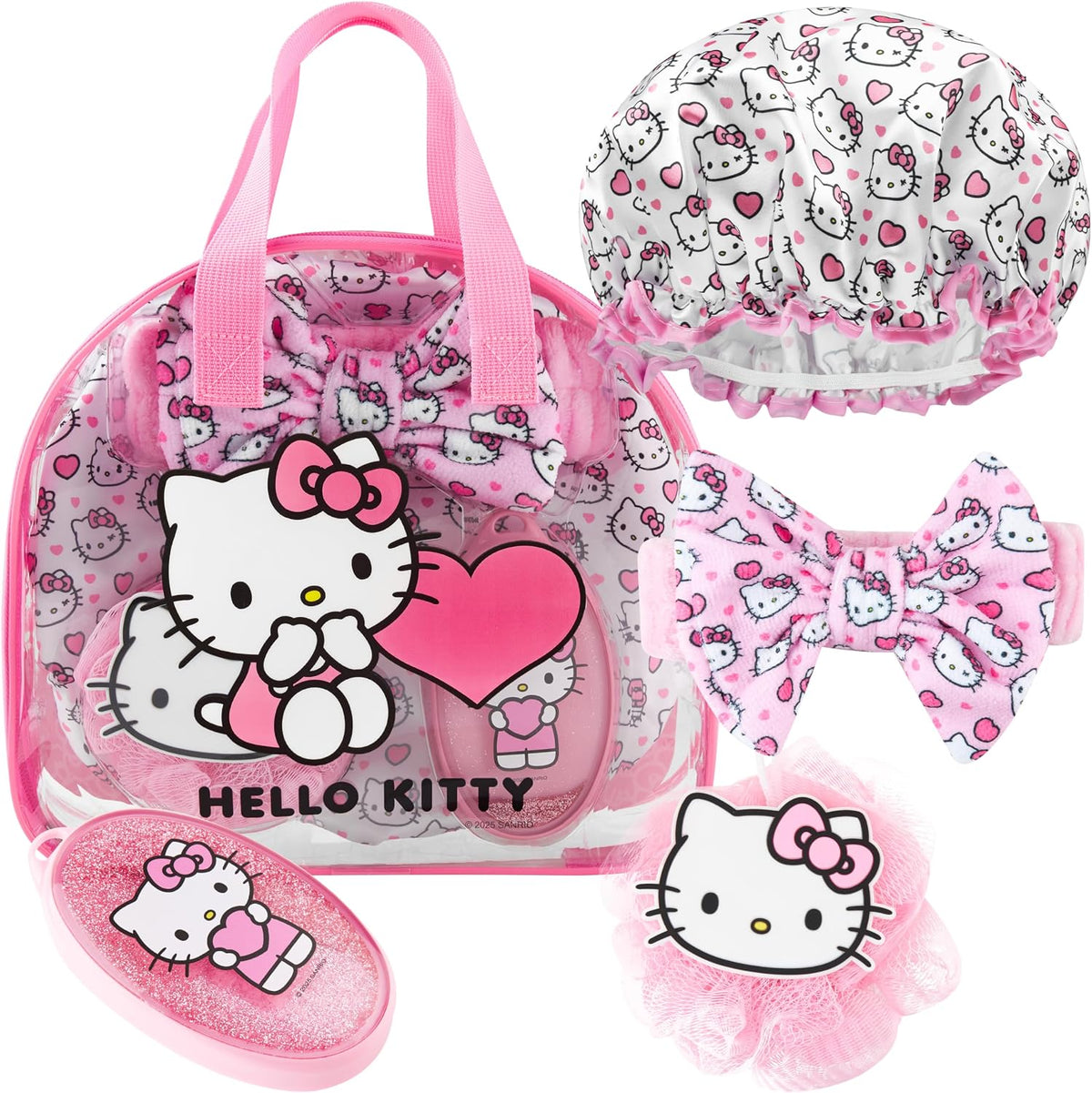 Hello Kitty Sanrio Shower Accessories Set, Kawaii Toiletry Bag with Shower Cap Headband Bath Sponge, Gifts for Girls, Teens, Women (Pink Hello Kitty)
