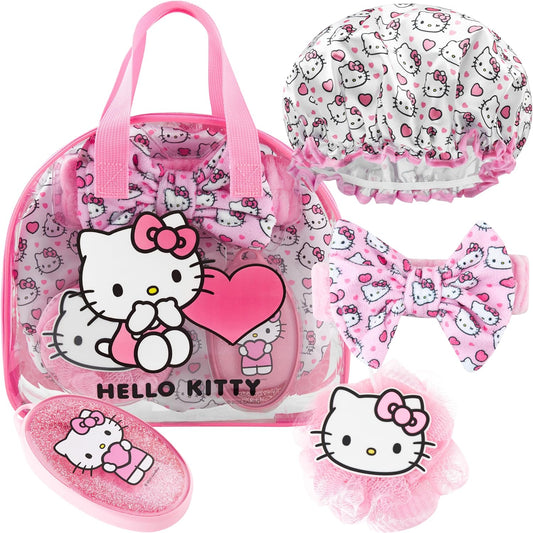 Hello Kitty Sanrio Shower Accessories Set, Kawaii Toiletry Bag with Shower Cap Headband Bath Sponge, Gifts for Girls, Teens, Women (Pink Hello Kitty)