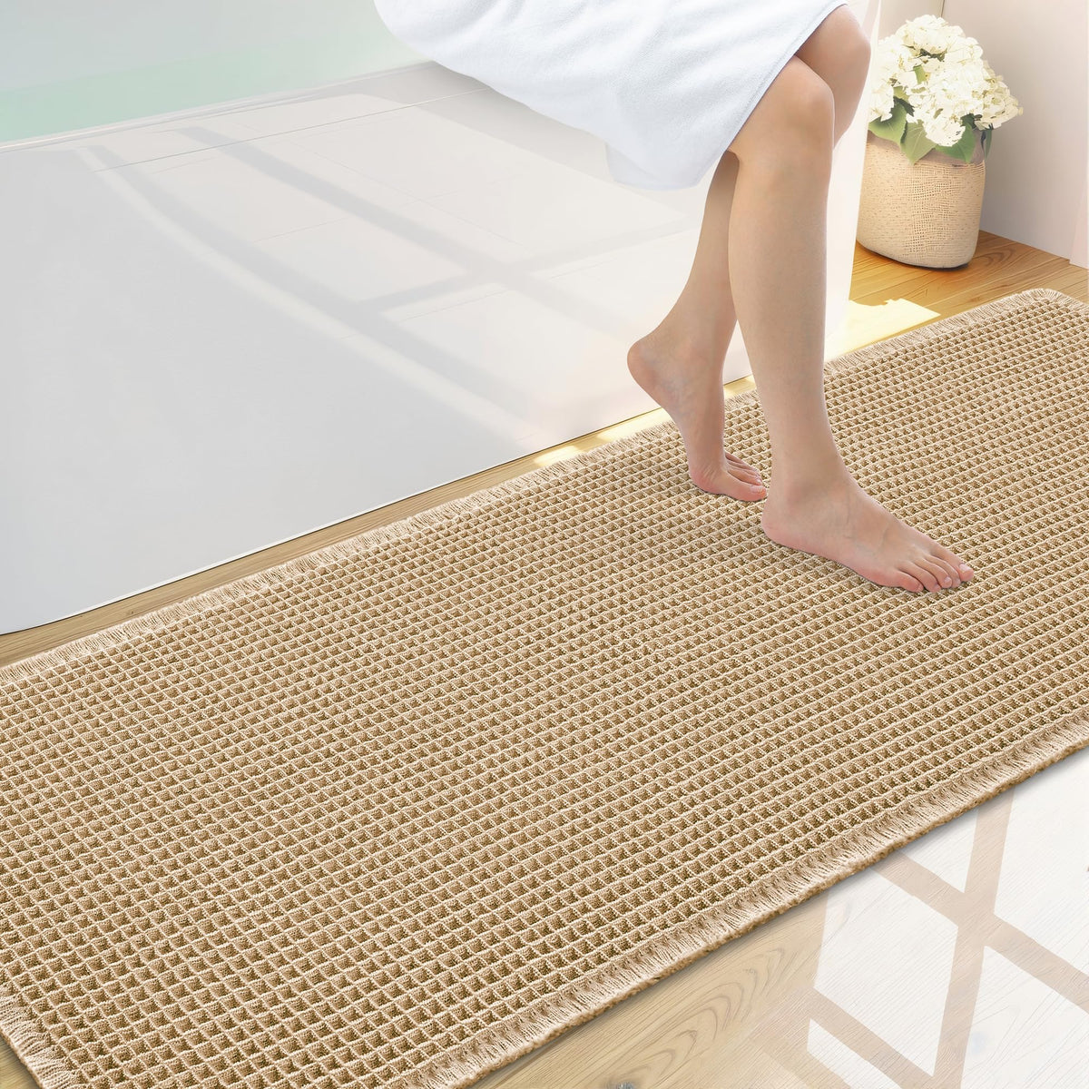 Smiry Waffle Bath Mat 24X16, Soft Absorbent Bathroom Rugs, Brown & Cream