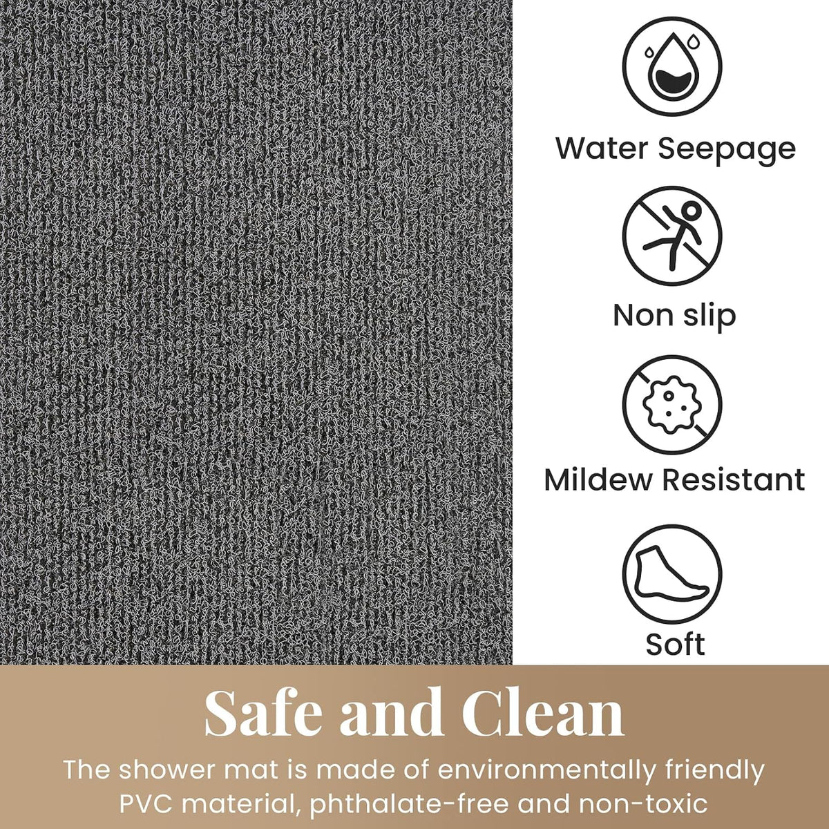 Shower Mat Bathtub Mat Non-Slip,24x16 inch, Soft Tub Mat with Drain,PVC Loofah Bath Mat (Phthalate Free) for Tub and Bathroom,Quick Drying,Black