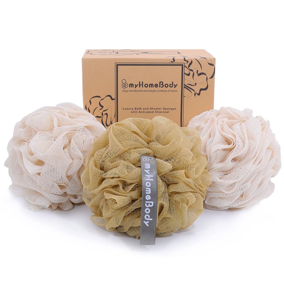 myHomeBody Large 70g Loofah Sponge, 2 Graphite Gray + 1 Sage Green, 3 Pack