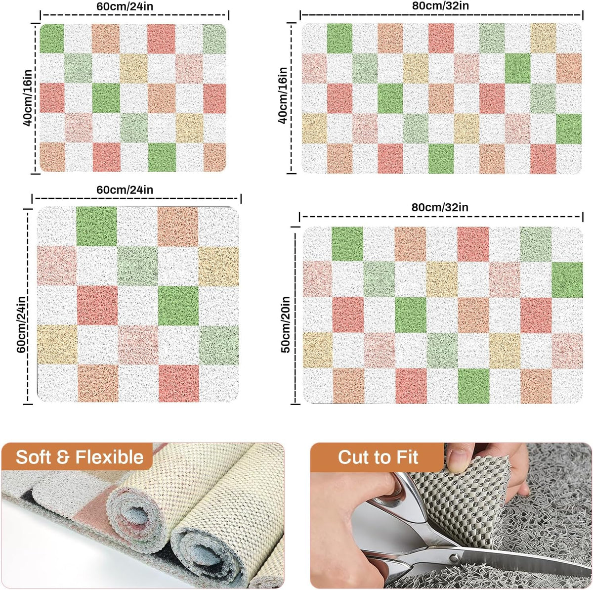 BLESWIN Loofah Mats for Shower 24"x16", PVC Bath Mat for Inside Shower, Bath Mat for Tub Non Slip, Checkered Shower Quick Dry Mats with Drain Hole, Colorful Checkered