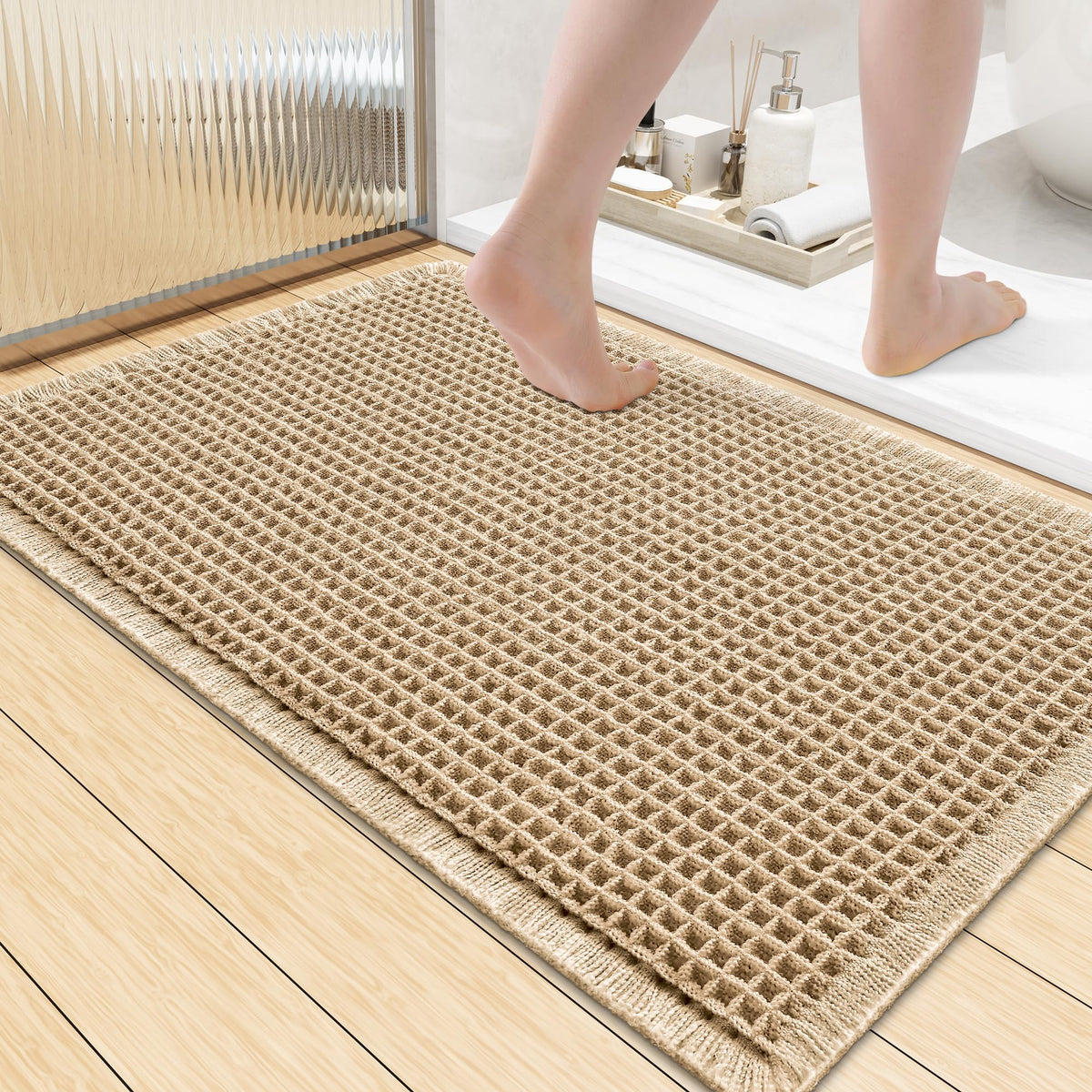 Smiry Waffle Bath Mat 24X16, Soft Absorbent Bathroom Rugs, Brown & Cream