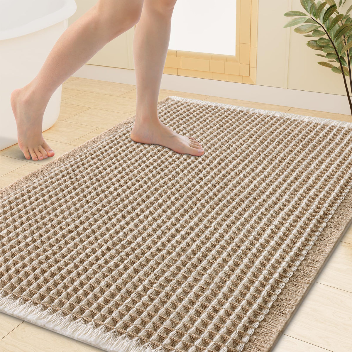 Smiry Waffle Bath Mat 24X16, Soft Absorbent Bathroom Rugs, Brown & Cream
