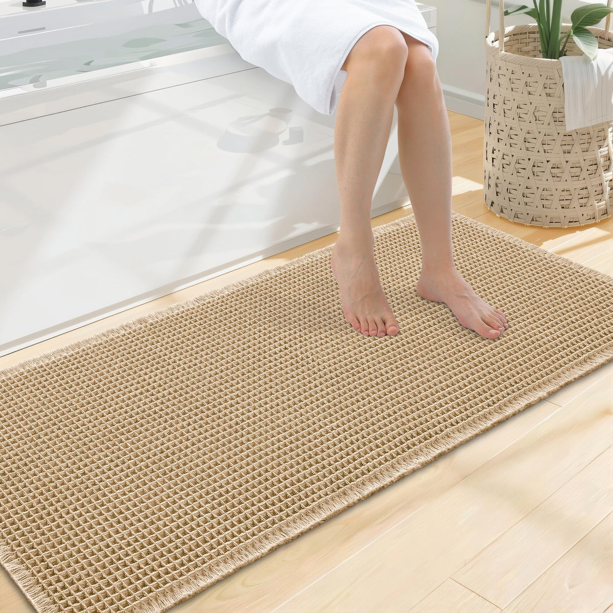 Smiry Waffle Bath Mat 24X16, Soft Absorbent Bathroom Rugs, Brown & Cream
