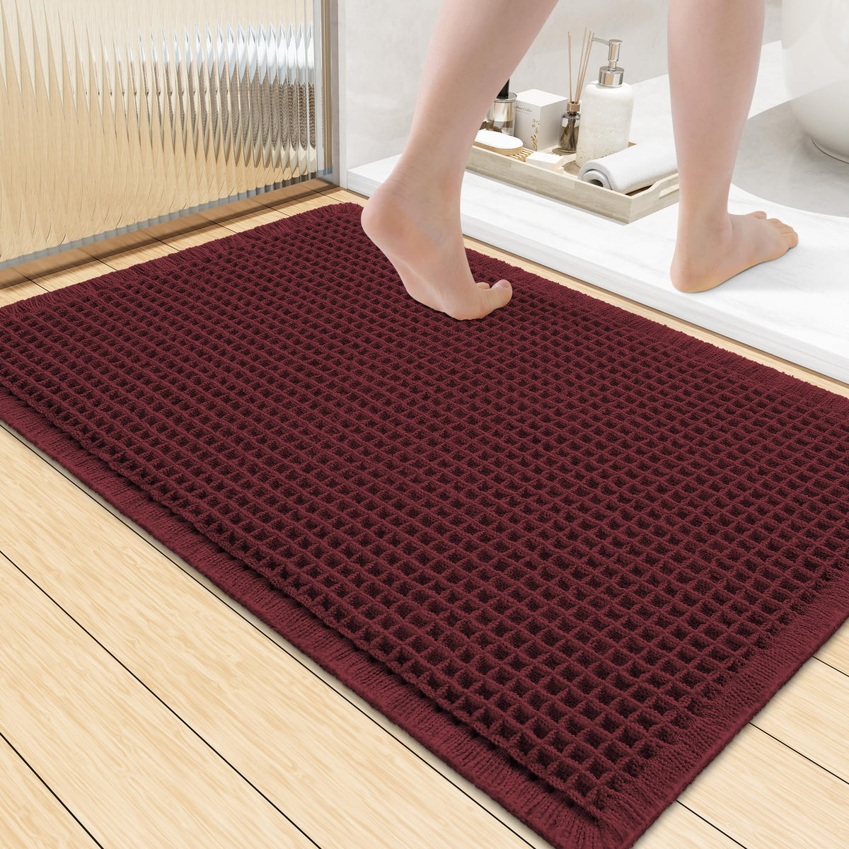 Smiry Waffle Bath Mat 24X16, Soft Absorbent Bathroom Rugs, Brown & Cream