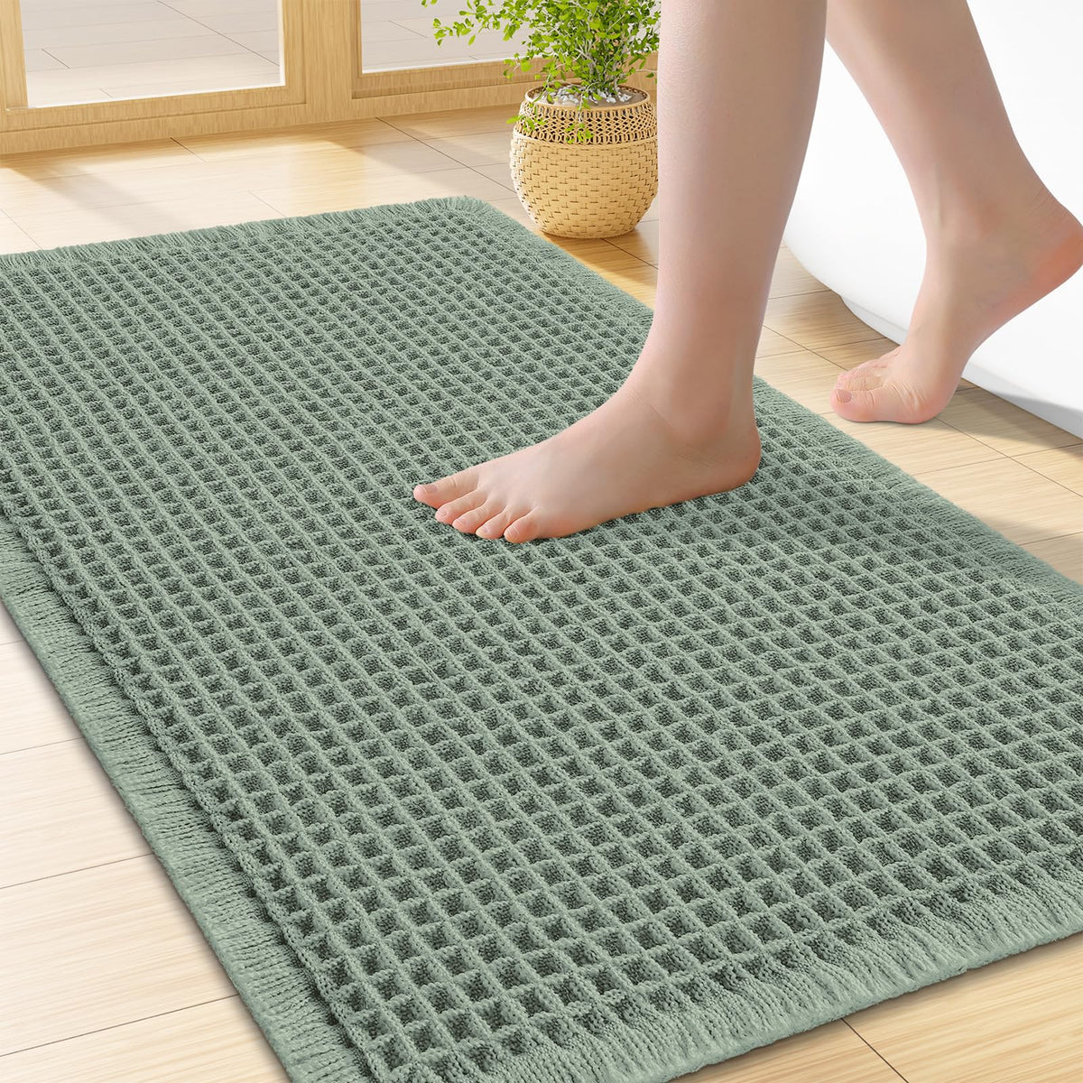Smiry Waffle Bath Mat 24X16, Soft Absorbent Bathroom Rugs, Brown & Cream
