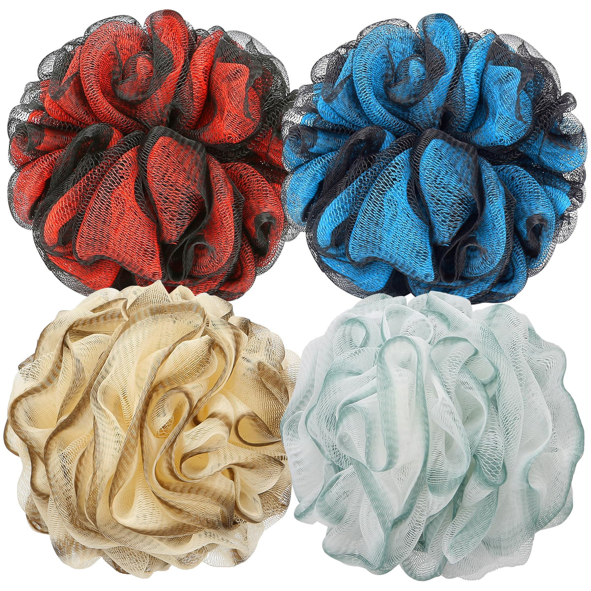 DadyMart Shower Loofah Sponge Pouf – XL Exfoliating Bath Puff Body Scrubber, Soft Mesh Shower Sponge with Reinforced Knot, Rich Lather, Set of 4 for Women and Men