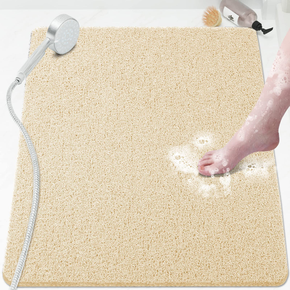 Shower Mat Bathtub Mat Non-Slip,24x16 inch, Soft Tub Mat with Drain,PVC Loofah Bath Mat (Phthalate Free) for Tub and Bathroom,Quick Drying,Black