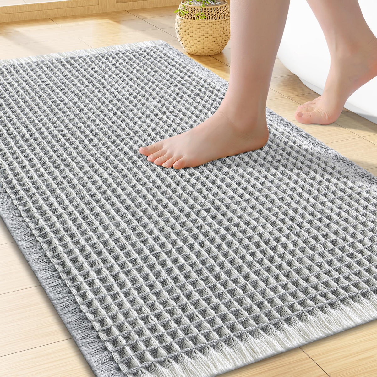 Smiry Waffle Bath Mat 24X16, Soft Absorbent Bathroom Rugs, Brown & Cream