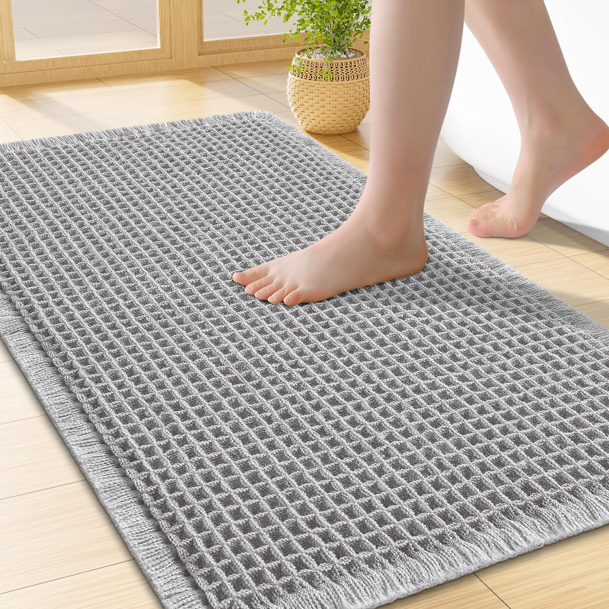 Smiry Waffle Bath Mat 24X16, Soft Absorbent Bathroom Rugs, Brown & Cream