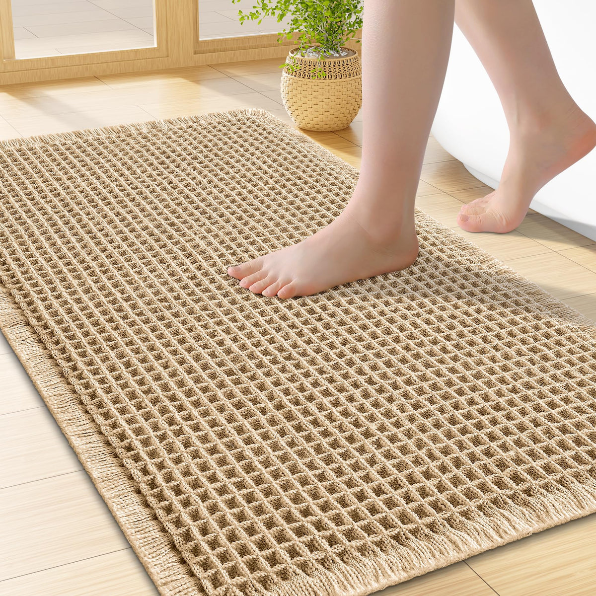 Smiry Waffle Bath Mat 24X16, Soft Absorbent Bathroom Rugs, Brown & Cream