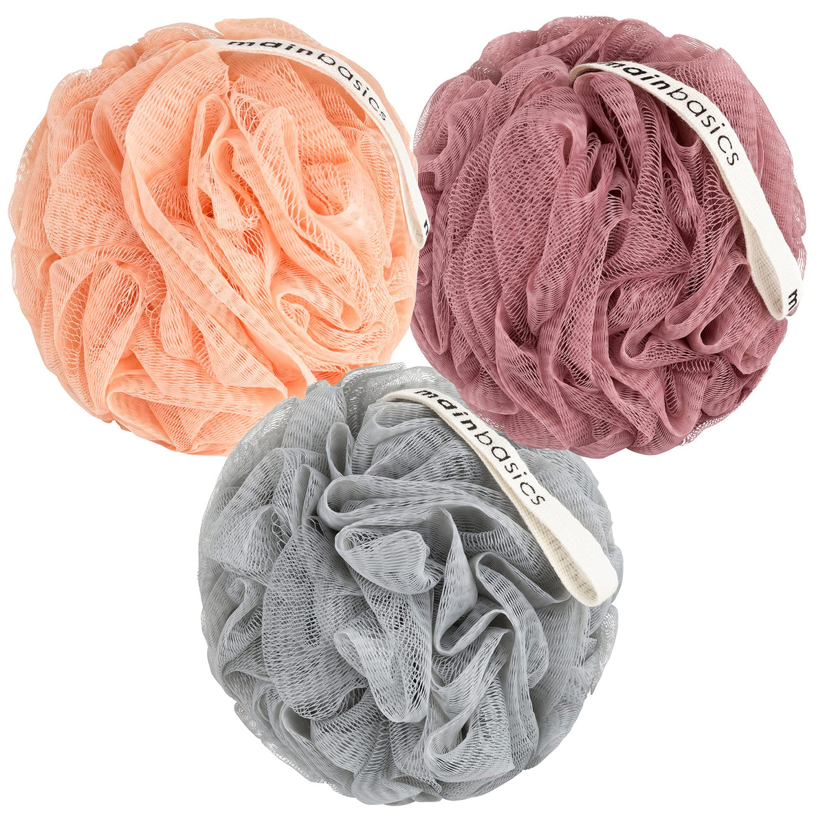 MainBasics Shower Loofah Sponge Pouf, Set of 3, Earthy Love