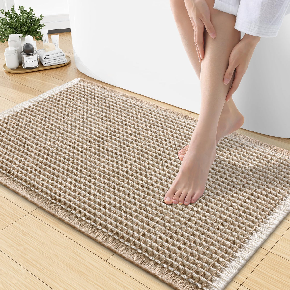 Smiry Waffle Bath Mat 24X16, Soft Absorbent Bathroom Rugs, Brown & Cream