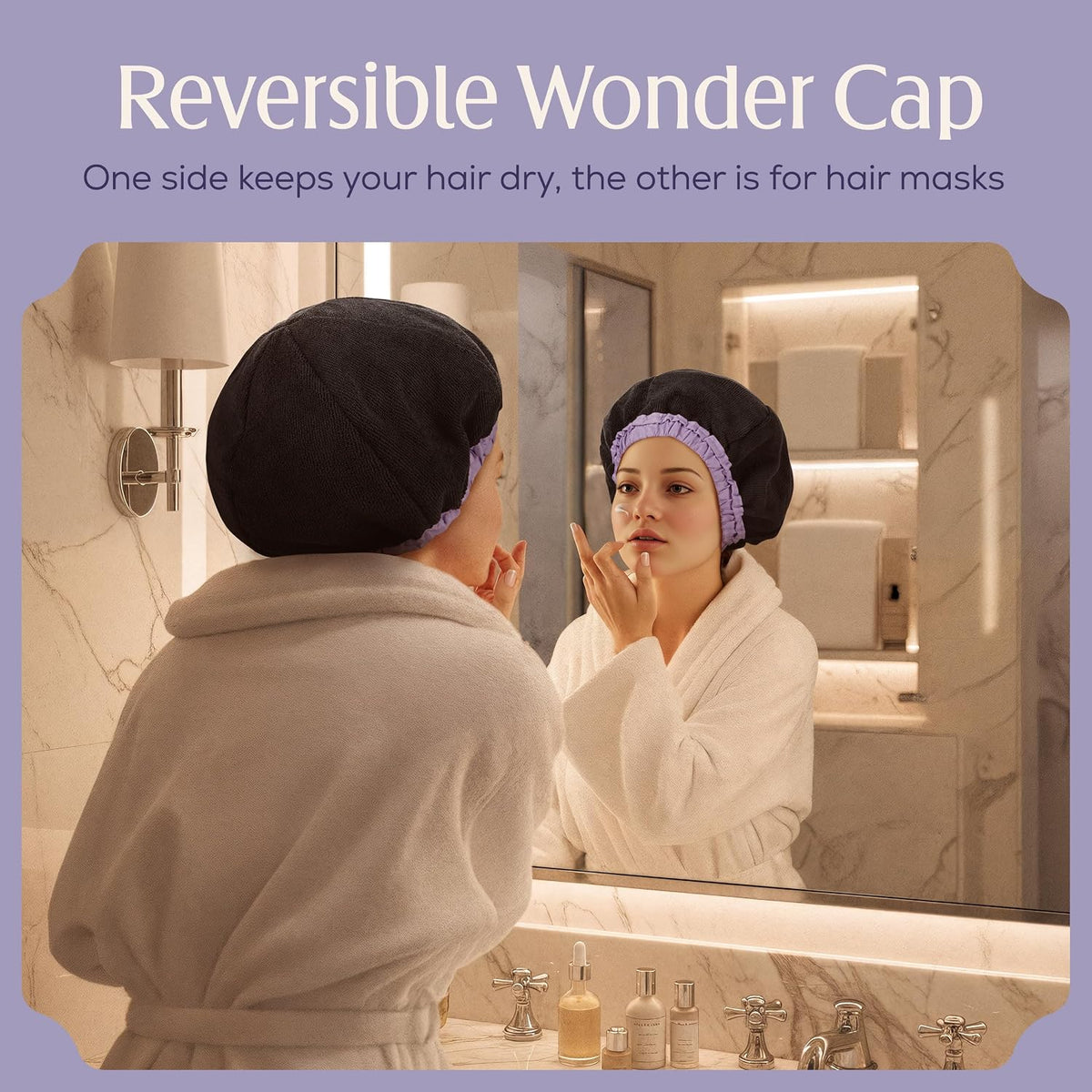 Premium Shower Cap for Women - 1000+ Showers, 100% Waterproof, Double-Sided, Large Shower Cap For Long Hair & Great For Curls (Anti-Frizz Terry Cloth Lining) (Lilac)