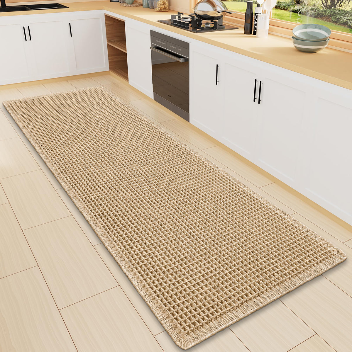 Smiry Waffle Bath Mat 24X16, Soft Absorbent Bathroom Rugs, Brown & Cream