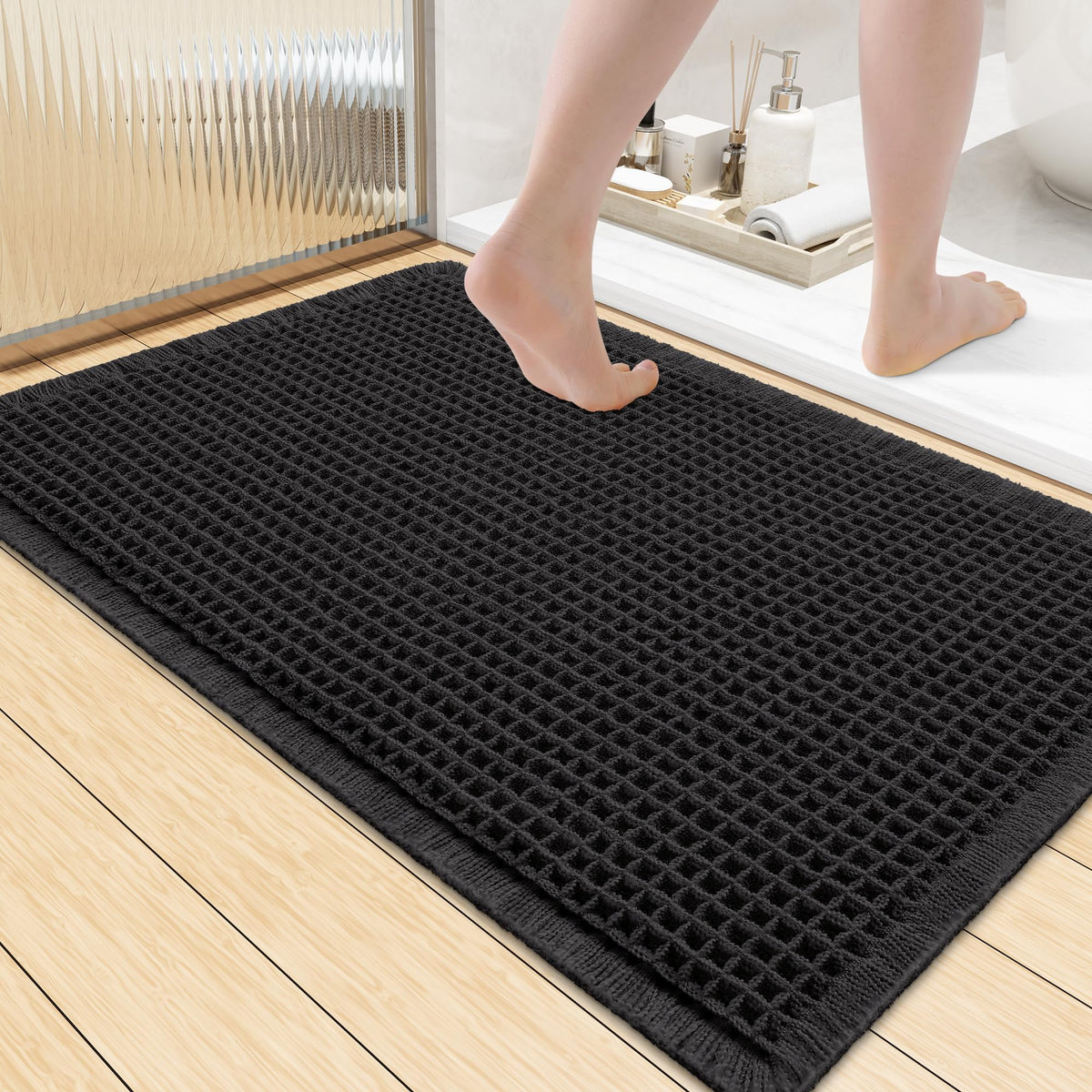 Smiry Waffle Bath Mat 24X16, Soft Absorbent Bathroom Rugs, Brown & Cream