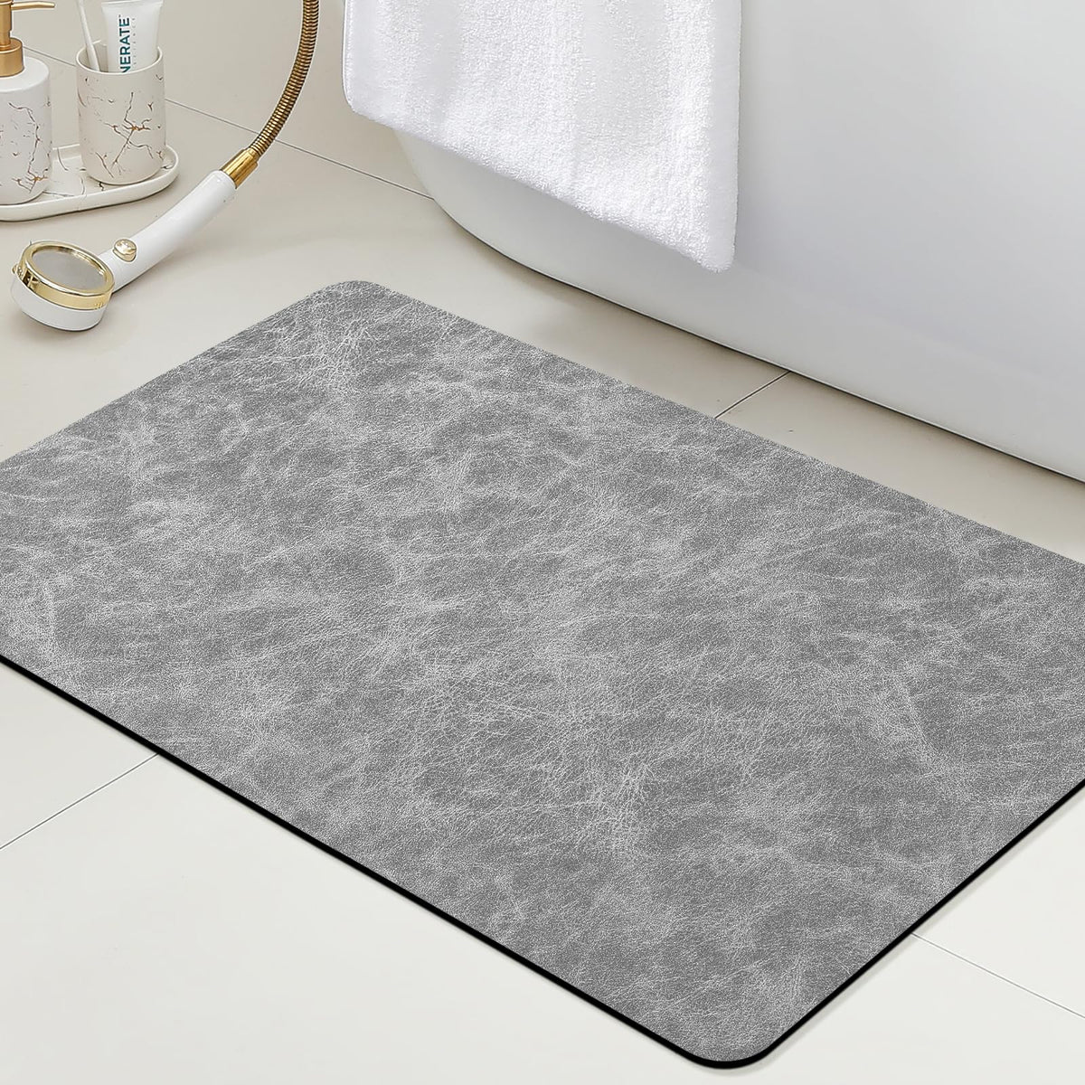 ACCUMTEK Non Slip Bath Mat, Thin Bathroom Rugs Fit Under Door, Quick Dry Bath Mats, Machine Washable Bath Rugs for Bathroom, Bathtub & Kitchen, Grey/Bordered/24 x17