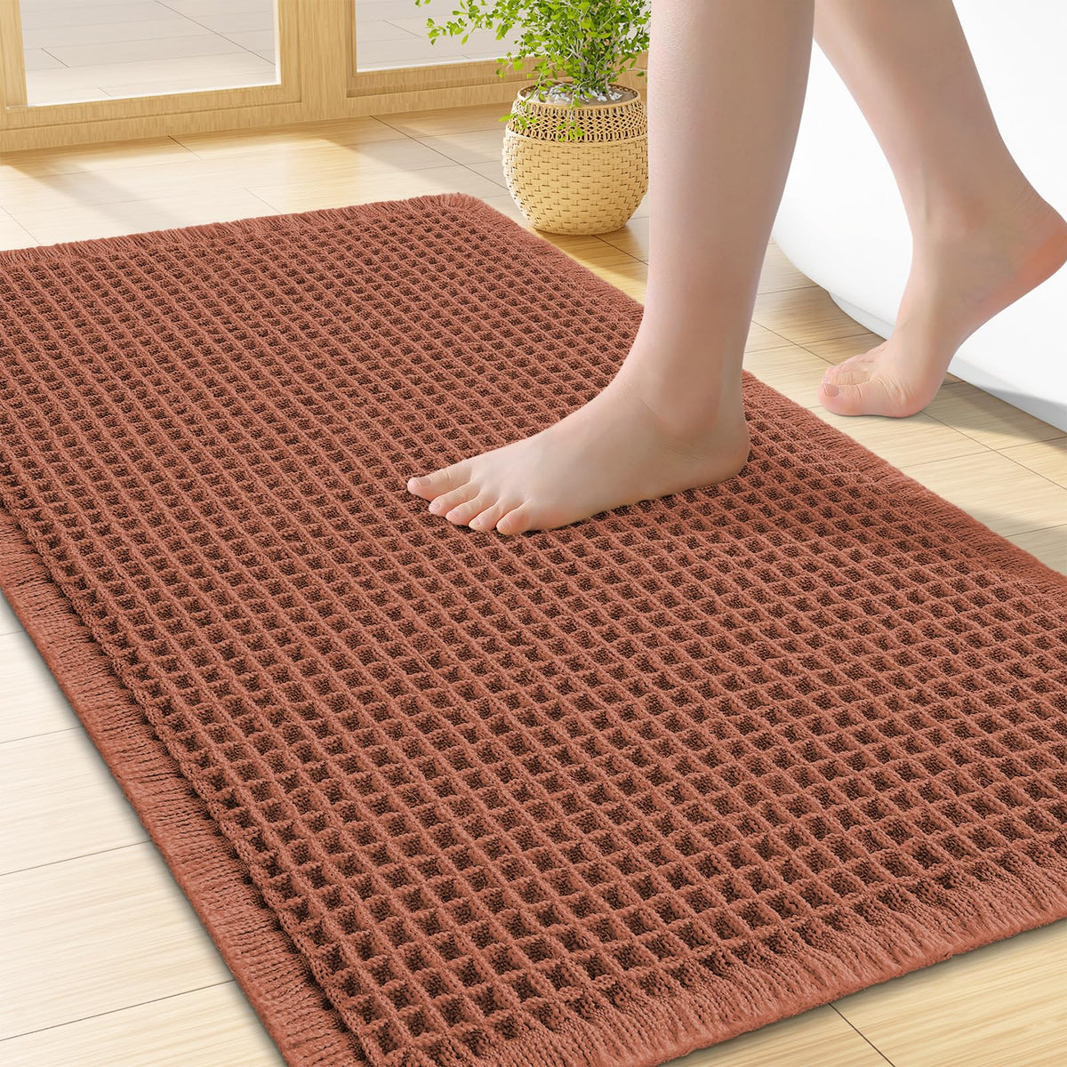Smiry Waffle Bath Mat 24X16, Soft Absorbent Bathroom Rugs, Brown & Cream