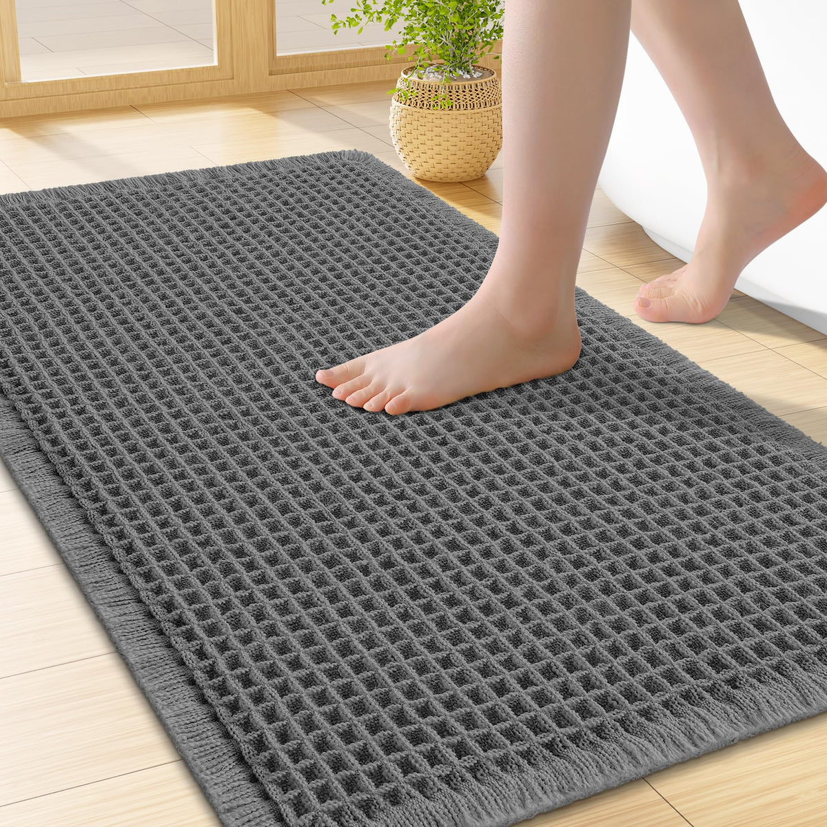 Smiry Waffle Bath Mat 24X16, Soft Absorbent Bathroom Rugs, Brown & Cream