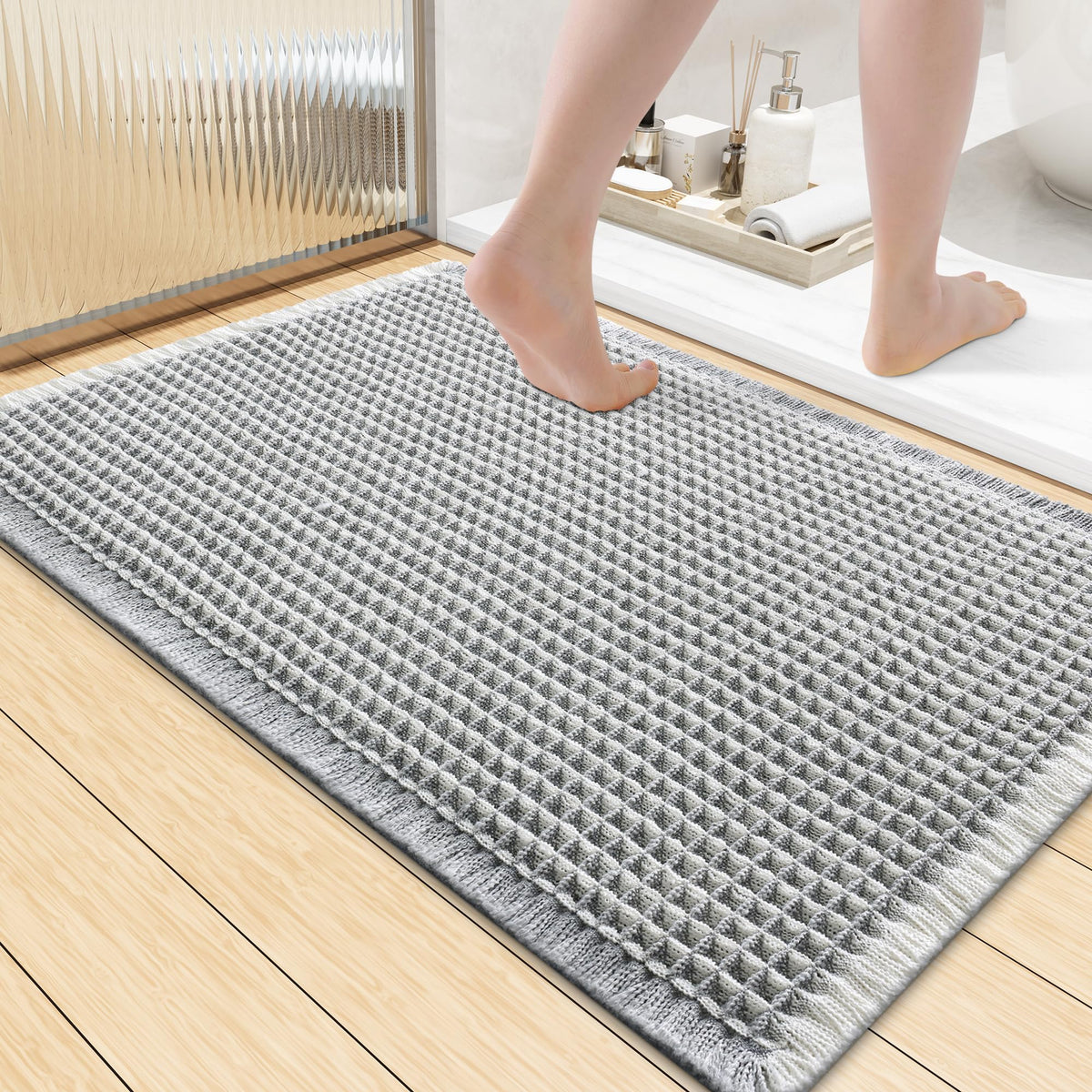 Smiry Waffle Bath Mat 24X16, Soft Absorbent Bathroom Rugs, Brown & Cream