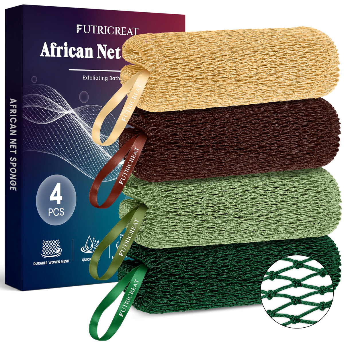 4 Pack African Net Sponge Authentic, Exfoliating Washcloth, Body & Back Scrubber, Better Than Traditional Loofahs, Perfect for Daily Shower & Travel, Pink, Blue, Purple & Green