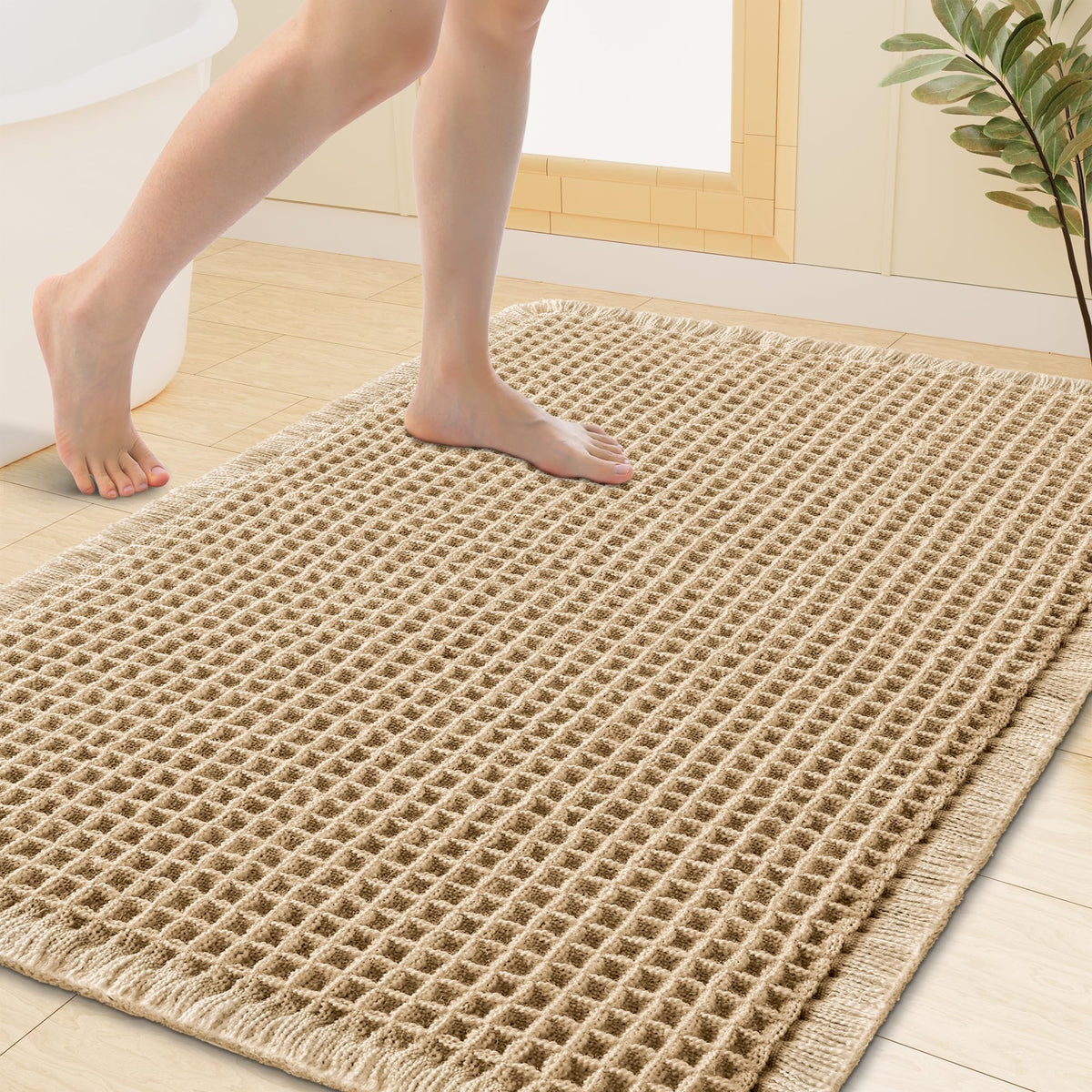 Smiry Waffle Bath Mat 24X16, Soft Absorbent Bathroom Rugs, Brown & Cream