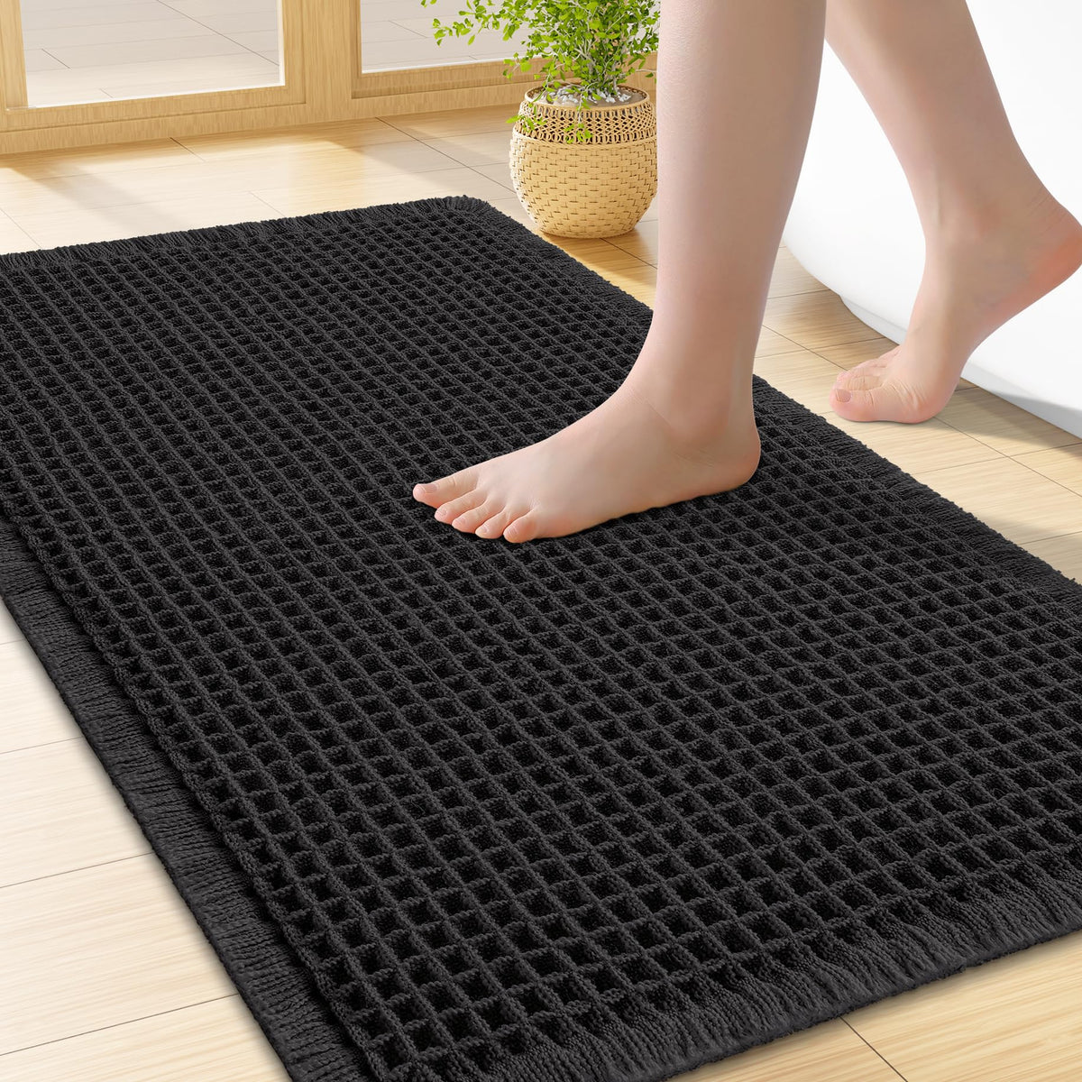 Smiry Waffle Bath Mat 24X16, Soft Absorbent Bathroom Rugs, Brown & Cream