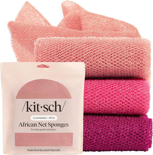 Kitsch African Net Sponge – Exfoliating Body Scrubber – Berry Pink, 3 Pcs