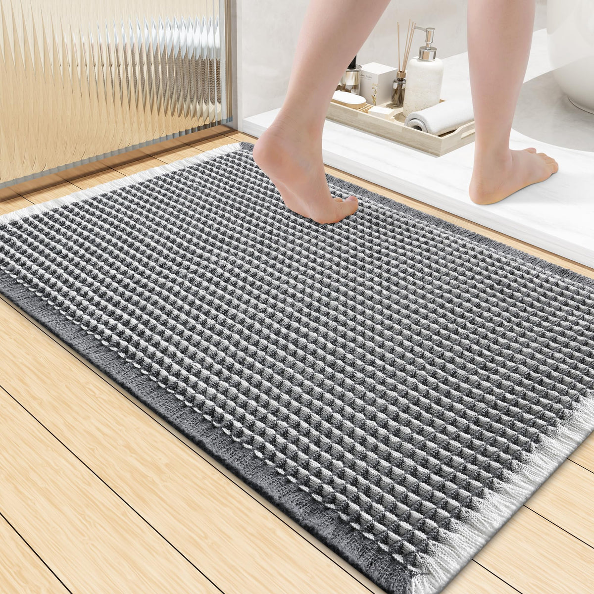 Smiry Waffle Bath Mat 24X16, Soft Absorbent Bathroom Rugs, Brown & Cream