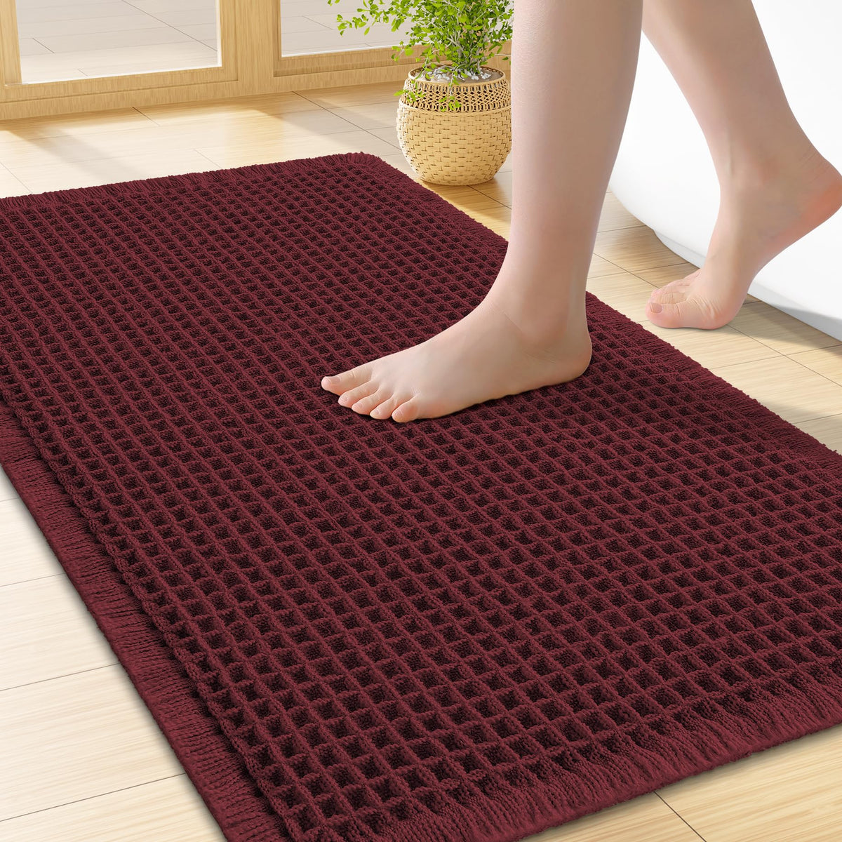 Smiry Waffle Bath Mat 24X16, Soft Absorbent Bathroom Rugs, Brown & Cream