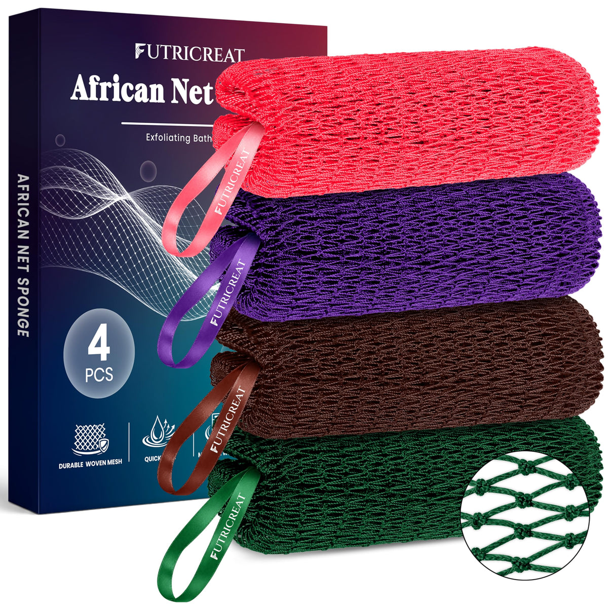 4 Pack African Net Sponge Authentic, Exfoliating Washcloth, Body & Back Scrubber, Better Than Traditional Loofahs, Perfect for Daily Shower & Travel, Pink, Blue, Purple & Green