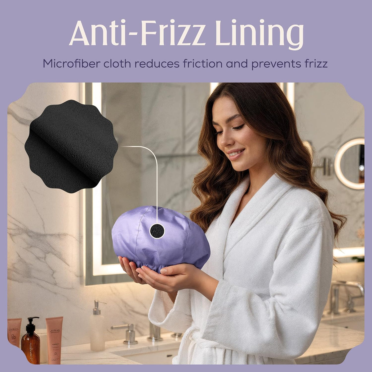 Premium Shower Cap for Women - 1000+ Showers, 100% Waterproof, Double-Sided, Large Shower Cap For Long Hair & Great For Curls (Anti-Frizz Terry Cloth Lining) (Lilac)