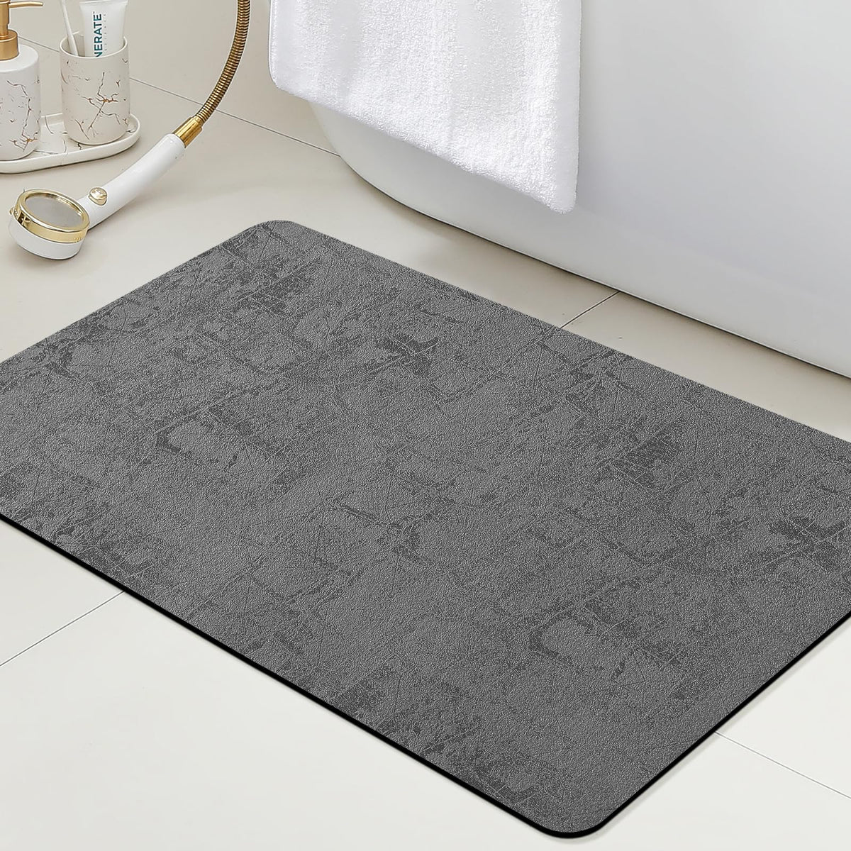 ACCUMTEK Non Slip Bath Mat, Thin Bathroom Rugs Fit Under Door, Quick Dry Bath Mats, Machine Washable Bath Rugs for Bathroom, Bathtub & Kitchen, Grey/Bordered/24 x17