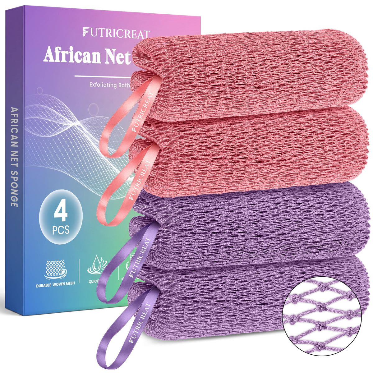 4 Pack African Net Sponge Authentic, Exfoliating Washcloth, Body & Back Scrubber, Better Than Traditional Loofahs, Perfect for Daily Shower & Travel, Pink, Blue, Purple & Green