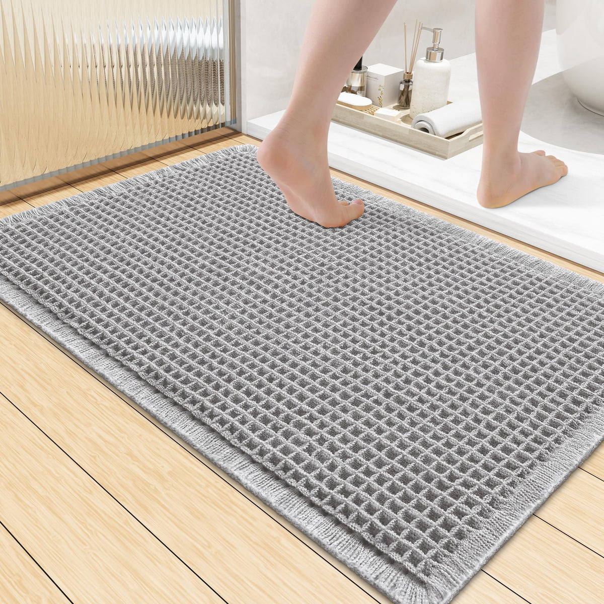 Smiry Waffle Bath Mat 24X16, Soft Absorbent Bathroom Rugs, Brown & Cream