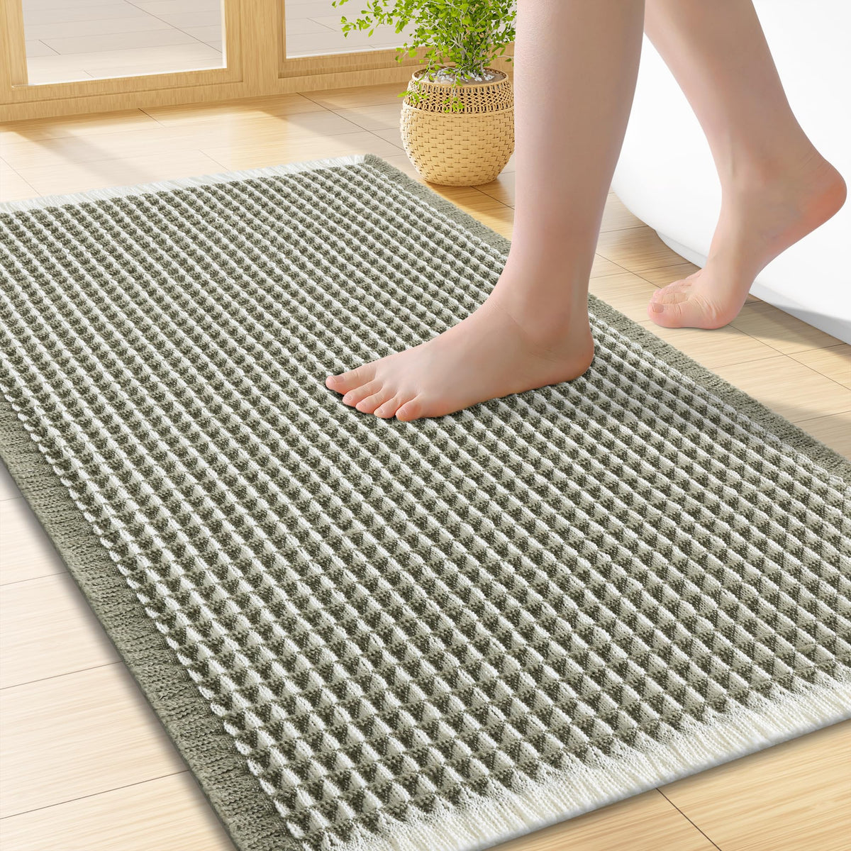 Smiry Waffle Bath Mat 24X16, Soft Absorbent Bathroom Rugs, Brown & Cream