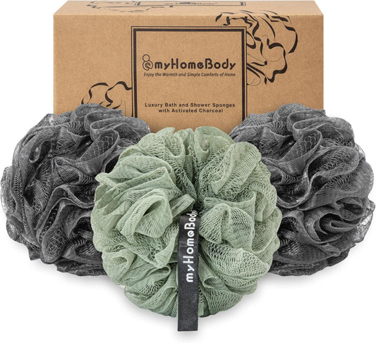 myHomeBody Large 70g Loofah Sponge, 2 Graphite Gray + 1 Sage Green, 3 Pack
