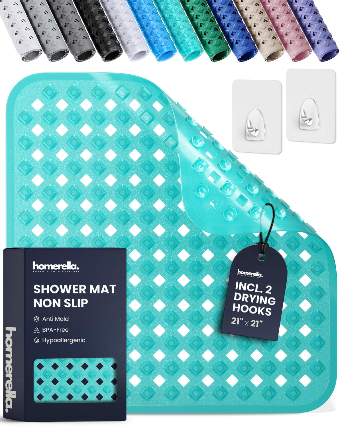 homerella Square Shower Mat Non Slip Anti Mold 21x21 Anti Slip Shower Mat