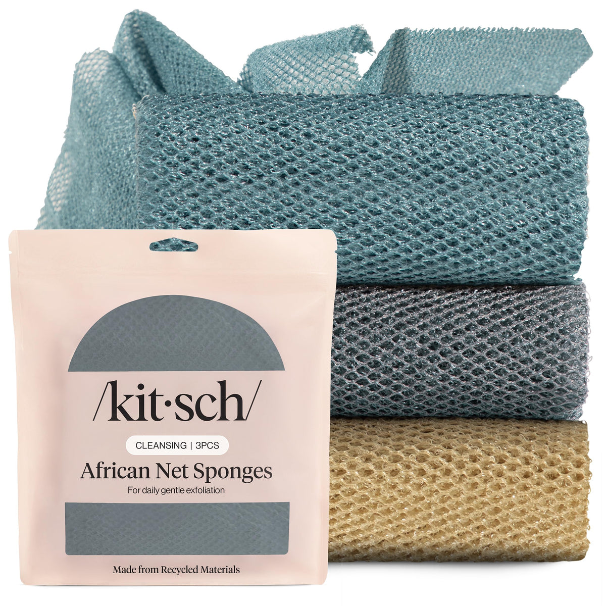 Kitsch African Net Sponge – Exfoliating Body Scrubber – Ocean Blue, 3 Pcs