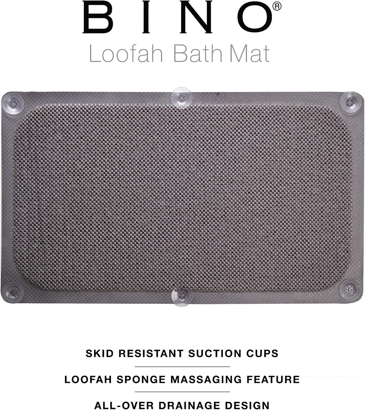 BINO | Loofah Non-Slip Bath Mat for Tub - Grey | Spa-Inspired Comfort, Quick-Drying, Secure Suction Cups | Exfoliating Shower Mat for a Luxurious and Safe Bathing Experience