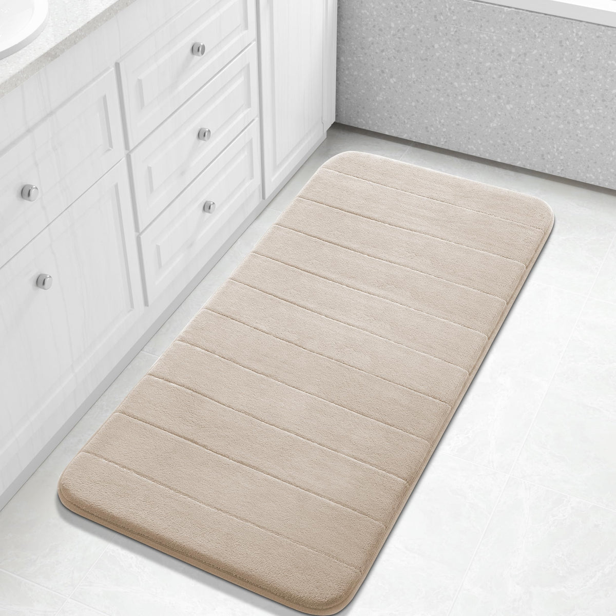 Yimobra Memory Foam Bath Mat, Super Soft Absorbent Bathroom Rug Non Slip 31.5x20 Inch, Quick Dry, Machine Washable Floor Carpet for Tub Shower, Home Decor Accessories, Beige