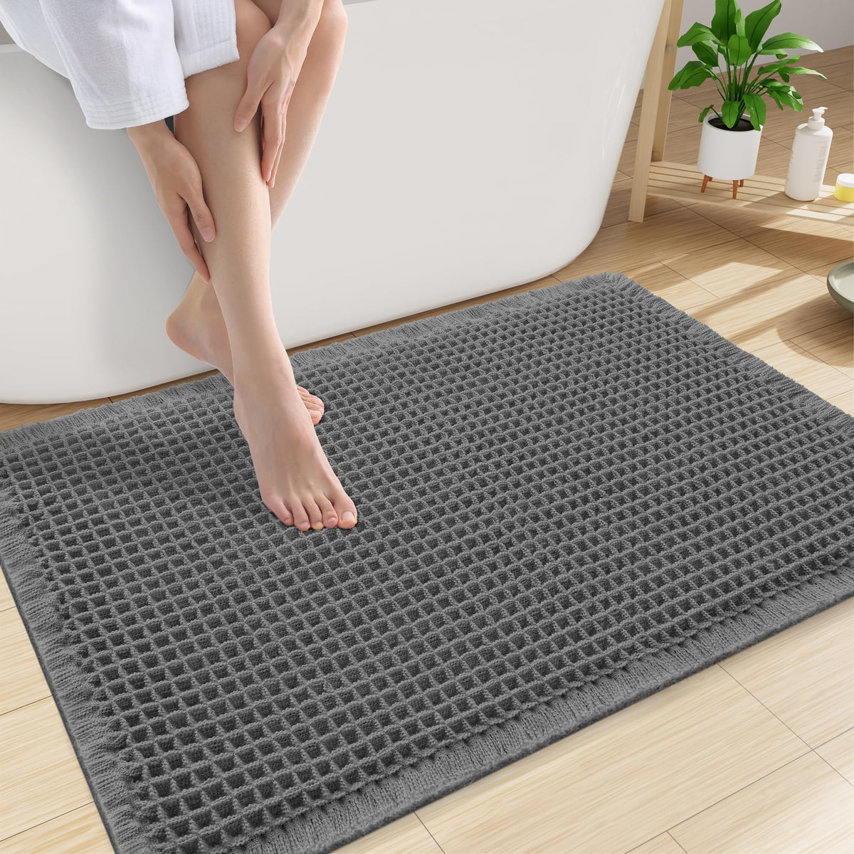 Smiry Waffle Bath Mat 24X16, Soft Absorbent Bathroom Rugs, Brown & Cream